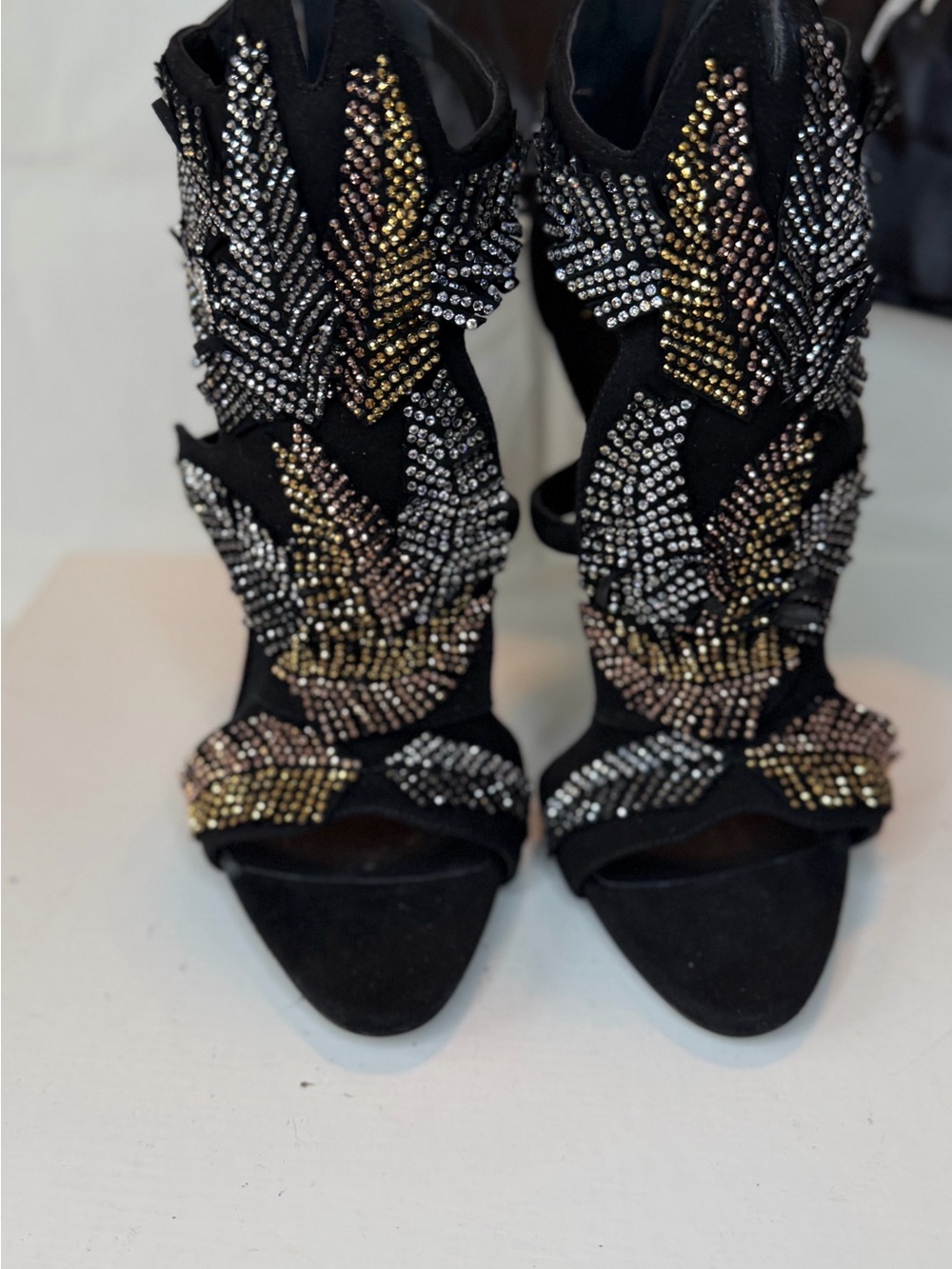 Giuseppe Zanotti Black Suede Crystal Leaf Embellished High Heels - Picture 2 of 9